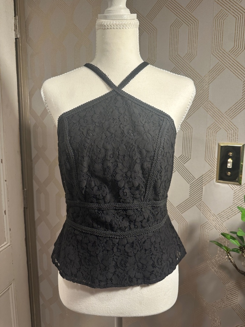 Black Lace Cross-Halter Peplum Top